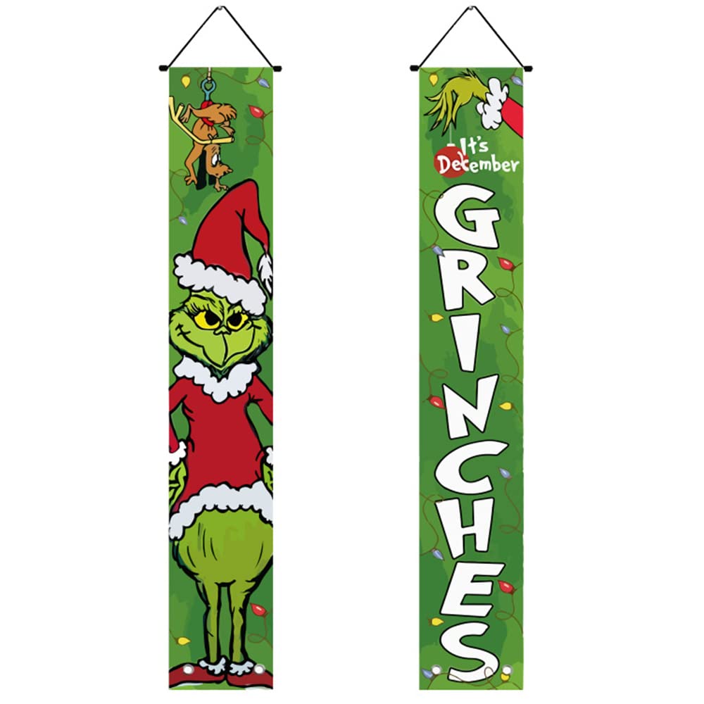 Merry Christmas Porch Sign, Gri-nch Christmas Banners Hanging Flag, Xmas Decorations