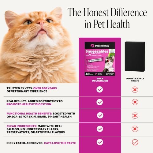 Image of Cat Multivitamin Lickable Treats - Squeezable Vitamin Puree Pouches for Cats - Daily Cat Vitamins with Postbiotics + Omega 3 Fish Oil for Gut + Immune Support, Skin Coat, Joint Health (Salmon, 40 Ct)