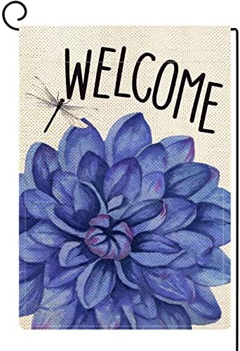 ORTIGIA Welcome Spring Summer Garden Flag 12x18 Inch Double Sided Watercolor Dahlia Flower Floral Yard Outdoor Flag Dragonfly Farmhouse Seasonal Holiday Yard Flag Outdoor Outside Decoration