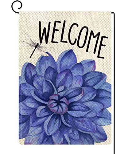 Ortigia Welcome Spring Summer Garden Flag 12X18 Inch Double Sided Watercolor Dahlia Flower Floral Yard Outdoor Flag Dragonfly Farmhouse Seasonal Holiday Yard Flag Outdoor Outside Decoration #TOP10