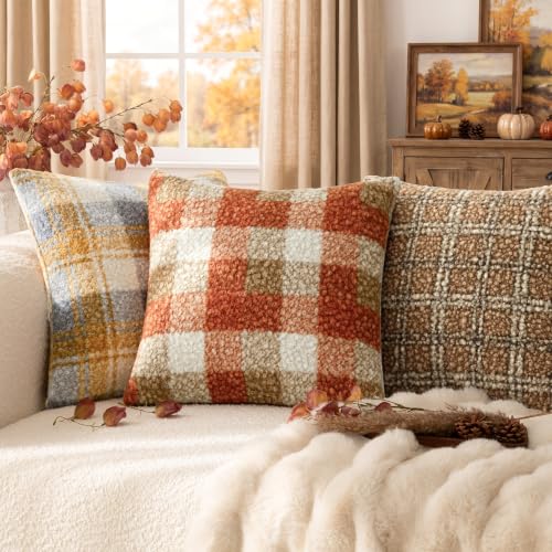 Image of Foindtower Pack of 2 Soft Faux Fur Boucle Throw Decorative Pillow Covers Fuzzy Accent Check Cushion Sherpa Boho Farmhouse Pillowcase for Couch Sofa Bed Living Room Home Decor 20x20 Inch,Burnt Orange