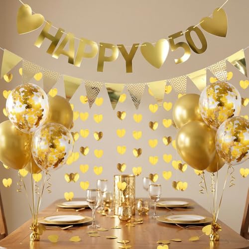 50th Anniversary Decorations Gold - Complete Party Set with Banner Balloons & Streamers for Golden Wedding Birthday - Easy to Install No Assembly Required