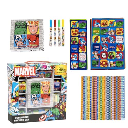Disney Marvel Avengers Mal und Schreib-Set, 1000 Aufkleber, 4 Buntstifte, Malbuch, optimales Geschenk, Spider-Man (Mehrfarbig)