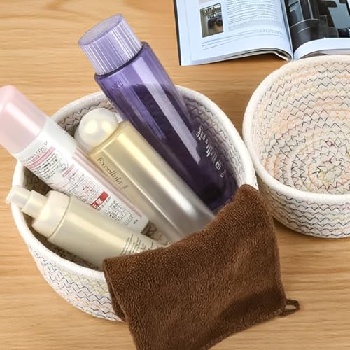 2er Set Aufbewahrungskorb Baumwollseil Geflochten runde körbchen organizer körbe Geflochte Aufbewahrungskorb für Badezimmer Wickeltisch Zubehör Flechtkorb Baumwolle Deko Kinderzimmer Spielzeug