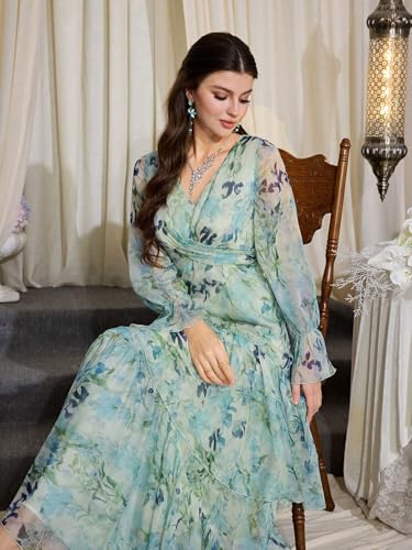 Image of TOLEEN Summer Casual Dresses for Women 2024 Spring Fashion Boho V Neck Long Sleeve Ruffle Floral Print Elegant Maxi Dress