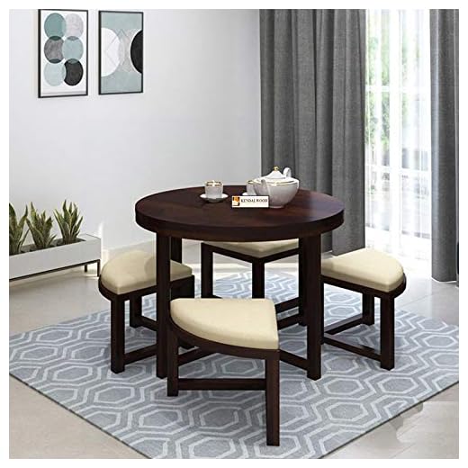 KendalWood™ Furniture Solid Wood 4 Seater Round Dining Set | 4 Seater Dining Set | Wooden Dining Table with Chair - Dining Room Furniture ( Walnut Finish with Cream Cushions)