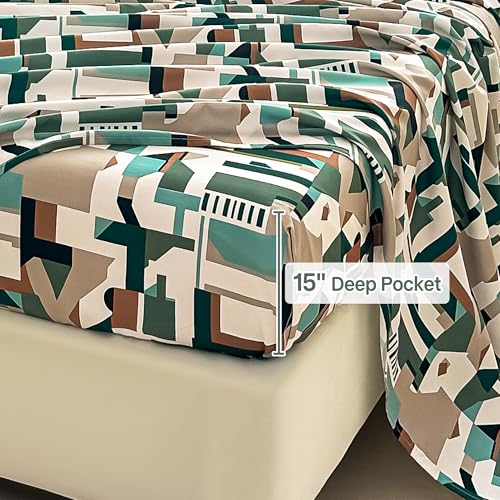 Image of lasoftan Geometry Queen Comforter Set with Sheets, 7 Piece Luxury Vintage Bedding, Soft Microfiber Bed in a Bag, Cozy Lightweight Bed Set, Brown Green Geometry