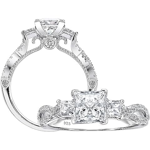 SHELOVES Vintage Three Stone Princess Cut AAAAA CZ Wedding Engagement Rings For Women 925 Sterling Silver 6 Cover