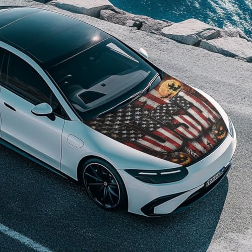 Image of Halloween American Flag Theme Car Hood Cover Protector for SUV Sedans Trucks 59x39 Inch Stretchable Car Hood Wrap Blankets Waterproof Sun Proof Auto Patriotic Decorations