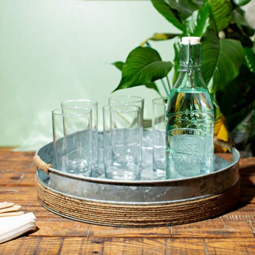 Rustic Galvanized Metal Serving Trays With Rope-Covered Handles – Set Of 2 (15 Inch And 12 Inch) - Round Decorative Butler Trays – Perfect For Farmhouse Coffee Table Centerpiece By Chicerr™ #TOP2