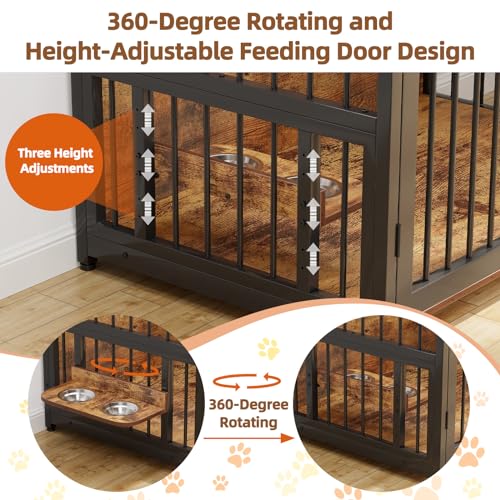 Hundekäfig Möbel, 123 x 76 x 110cm Hundebox Zuhause mit 2 Türen 2 Schubladen 1 Arbeitsplatte, Hundegitter mit Schwenkbaren Hundenäpfe, Hundehütte, Dekorative Haustierkiste für den Innenbereich