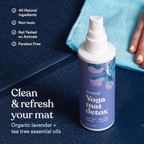 ASUTRA Yoga Mat Cleaner Spray (Peaceful Lavender), 4 fl oz - No Slippery Residue, Organic Essential Oils, Deep-Cleansing for Fitness Gear & Gym Equipment, Microfiber Towel Included
