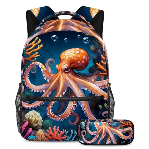 Sac à dos et trousse à crayons pieuvre mignonne multicolore pour filles et garçons