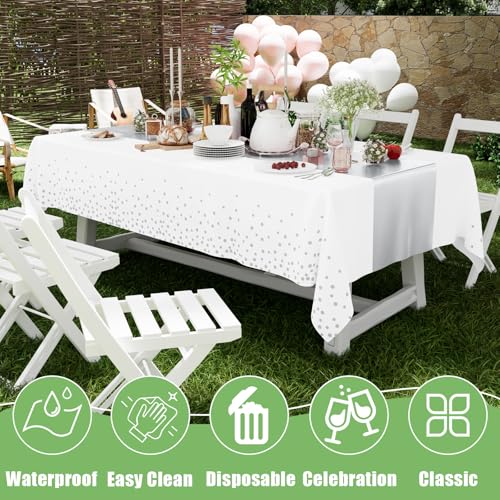 Image of Smiry Plastic Table Cloth Disposable 8 Pack, 54 x 108 Inch Rectangle Waterproof Tablecloth, Printed Gold Table Runner Style for Birthday Weeding, Party, Leakproof & Sturdy, White and Sliver