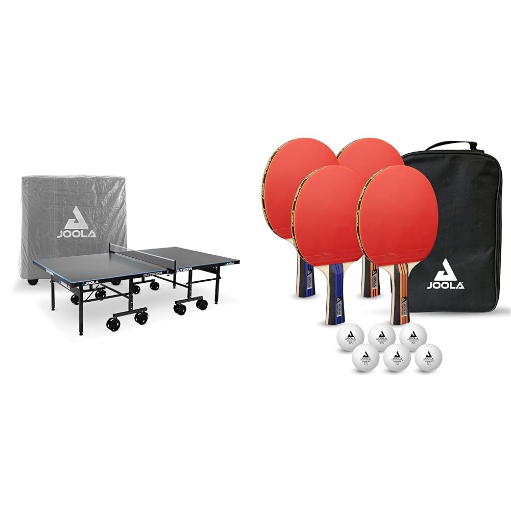 JOOLA Tischtennisplatte Outdoor Aluminium PRO Wetterfest mit Tisch Abdeckung & Tischtennisset Family Advanced, 4 Tischtennisschläger + 6 Tischtennisbälle 3Star + Tragetasche, Advanced Level, 28x18x8cm