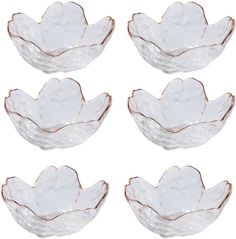 PIPITA Lot de 6 bols transparents en forme de fleur de cerisier pour desserts, épices, sauces, dips en verre Mini-bols en cristal pour glace, dessert, en-cas,...