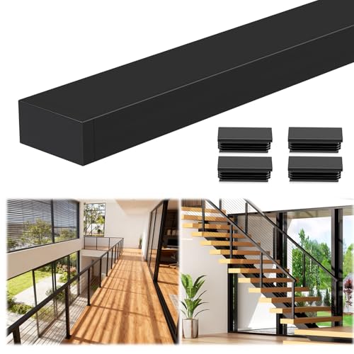 Image of Modular 1Pack 4FT Stainless Steel T304 Black Handrail for Cable Railing with Nylon End Cap Kits, 2.36 inch W x 1.18 inch H Cuttable Flat Handrail Rectangular Top Rail for Stair Railing Indoor Outdoor