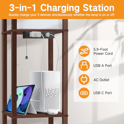 Image of OUTON Floor Lamp with Shelves, LED Shelf Floor Lamp with USB & Type C Ports, 1 AC Outlet, 3 Color Temperature, Storage Display Wood Column Tall Standing Lamp for Living Room, Bedroom Office, Walnut
