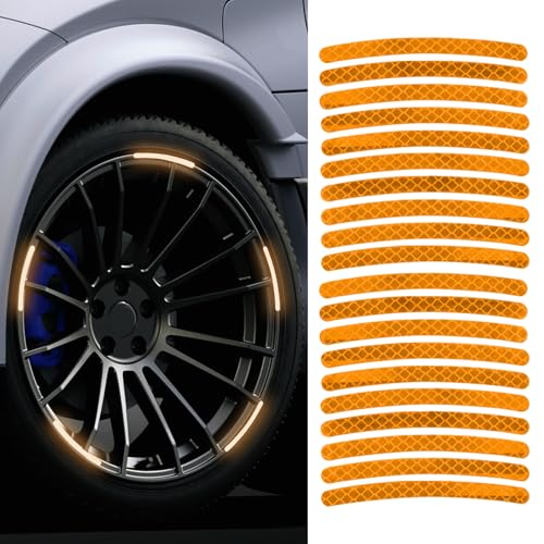 Image of 20PCS Reflective Car Wheel Decorative Stripe Stickers, Car Wheel Decals, Night Safety Warning Car Stickers, Anti-Scratch Reflective Rim Stickers Universal for Cars Motorcycles (Orange)