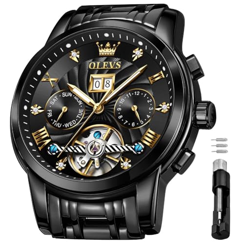 Image of OLEVS Self Winding Watches for Men Automatic Mechanical Skeleton Luxury Dress Waterproof Moon Phase Tourbillon Chronograph Stainless Steel Luminous Wristwatch