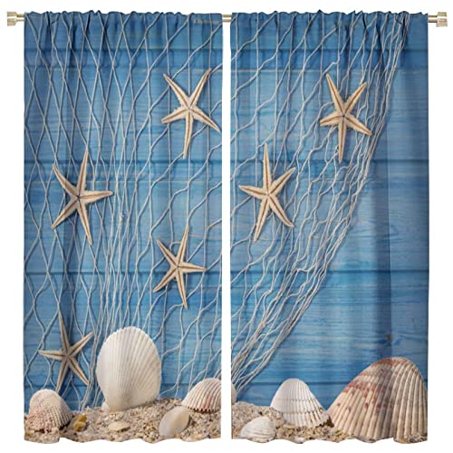 Starfish Seashells Window Curtains,Ocean Nautical Theme Rustic Retro Blue Wooden Board Starfish Fishing Net Blackout Drapes for Kids,Beach Starfish Print for Boys Girls Room Living Room 63x63in