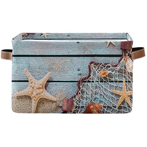 AUUXVA Summer Beach Sand Storage Basket Bin Rustic Wooden Starfish Large Fabric Toys Storage Cube Box with Handles Collapsible Closet Shelf Cloth Organizer Basket for Nursery Bedroom Bathroom Cover