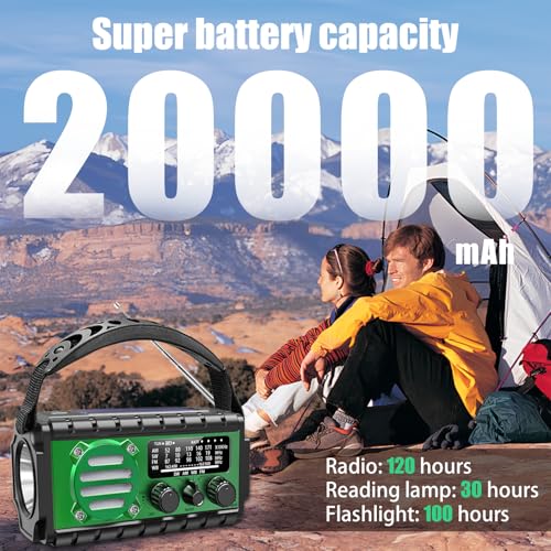 Image of 20000mah Hand Crank Emergency Radio,SW /NOAA /AM /FM Weather Radio, Solar Powered Hand Crank Chager with Bige Batery Powered,Portable,Cellphone Charge,SOS,Flashlight for Emergency (XSY-350-Army Green)