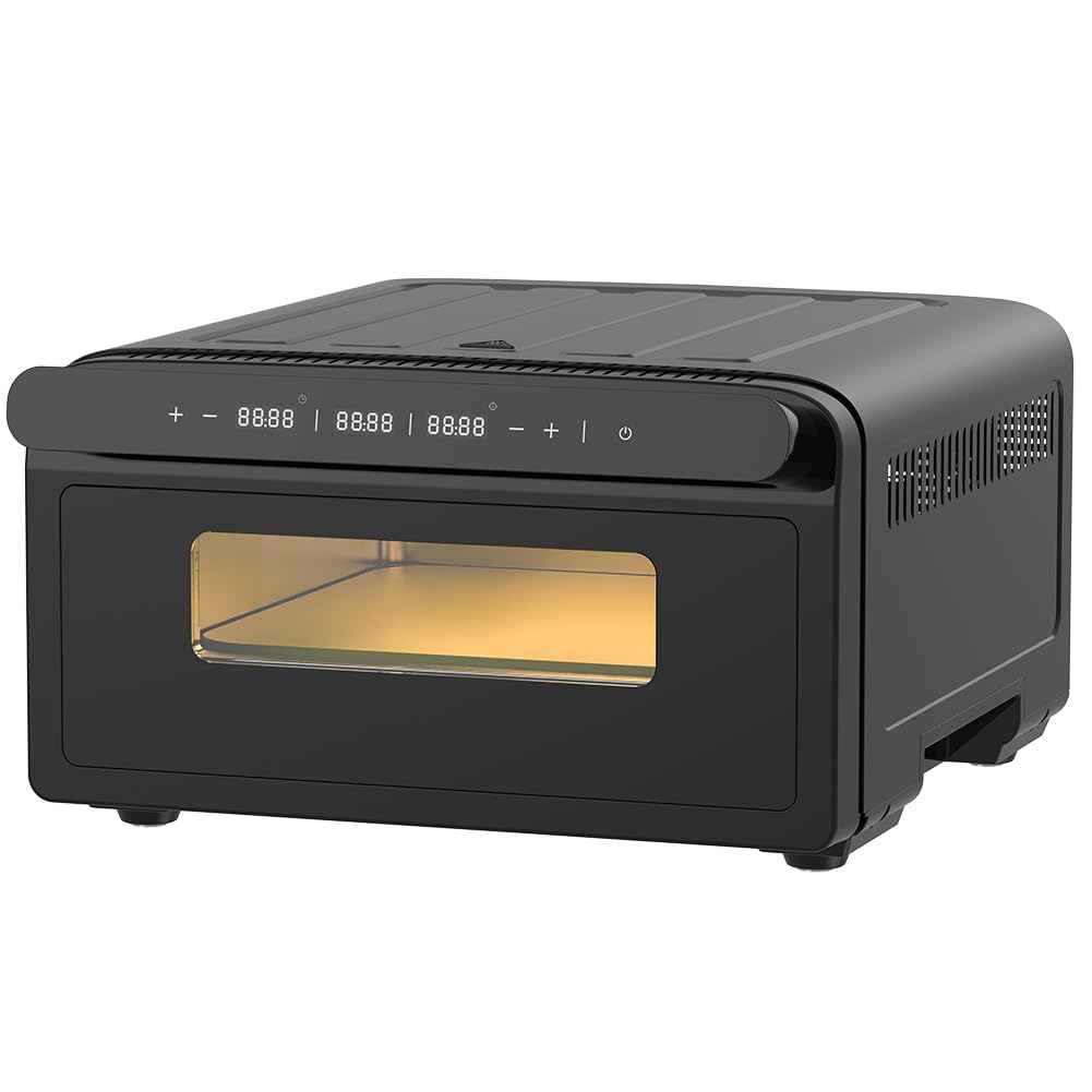 BAKAJI Forno Elettrico per Pizza Potenza 2200Watt, Pietra Refrattaria da 32 cm, Cottura in 3 Minuti, Calore Omogeneo 360°, Pizza Maker con Timer Regolabile, Temperatura 150-430°C, Nero