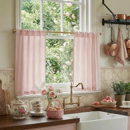 RYB HOME Linen Cafe Curtains 24 inch Length, Kitchen Farmhouse Striped Tier Curtains for Living Room Bathroom Tickingstripe Small Window Rustic Pinstripe Valances, Pink, W26 x L24, 2 Panels