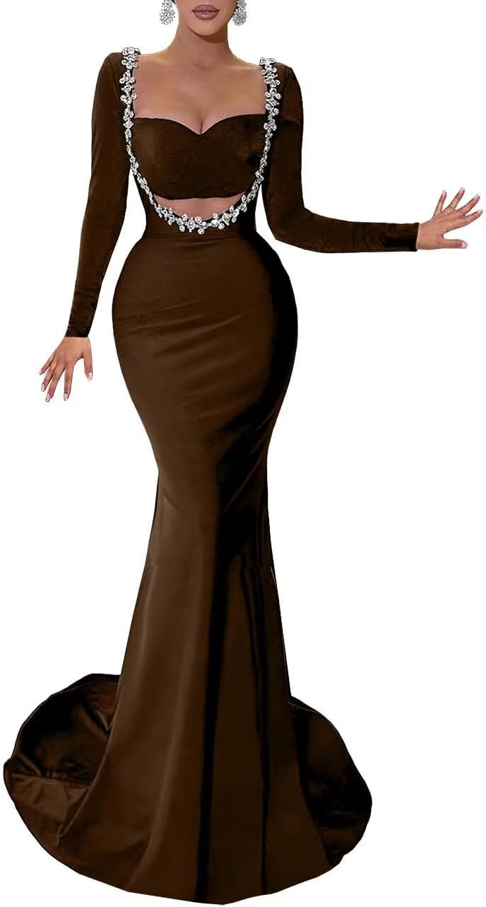 Jamille Velvet Prom Dress Long Slevee Mermaid Evening Party Gowns for Women Beaded Formal Dress Sweetheart Cutout JA0003