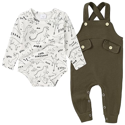 Image of CARETOO Newborn Baby Boy Clothes Infant Boy Romper Fall Winter Outfits Bodysuit 2Pcs Striped Long Sleeve Top Overalls 0-18M(Gray green 0-3M)