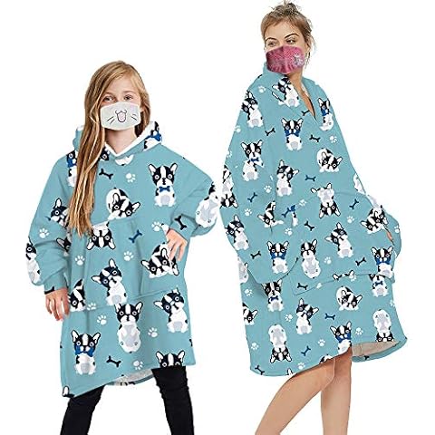 Geagodelia Oversized Hoodie Blanket Fluffy Fleece Blanket Hoodie for Men Women Kids Hooded Blanket with Big Front Pocket Family Matching (One Size, Blue - Puppy) Cover