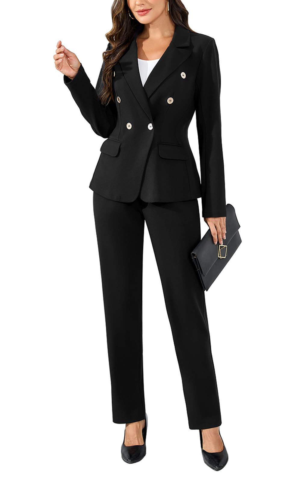Womens 2 Piece Suits Business Casual Outfits Double Breasted Blazer Pantsuits Professional Office Work Sets
