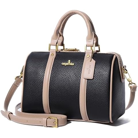 Angel Kiss Women Satchel Purses and Handbags Vegan Leather Boston Barrel Bag Top Handle Shoulder Purse with Crossbody Strap (Black) Cover