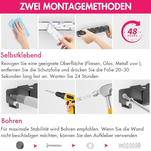 Quirlig Besenhalterung Wand Selbstklebend, Besenhalter ohne Bohren mit 3 Halter & 2 Haken, Edelstahl Gerätehalter Aufhängung, Wandhalterung für Gartengeräte, Schwarz