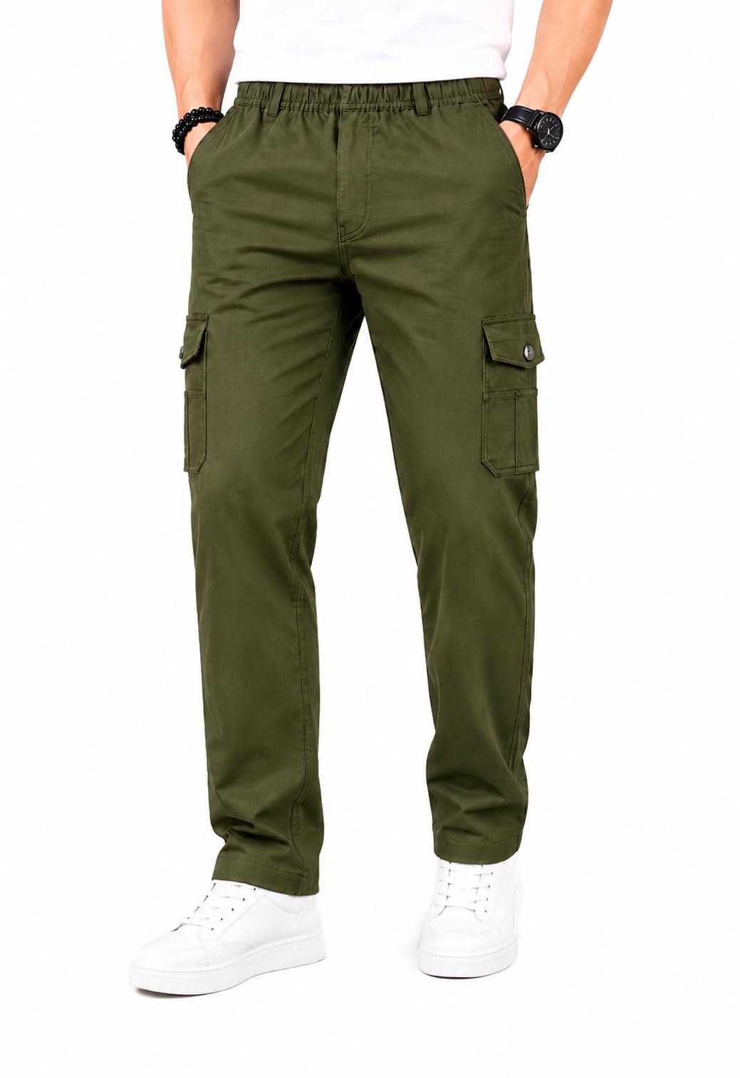 Men's Olive Green Cargo Pants | Regular Fit Multi-Pocket Casual Trousers with Elastic Waist | Cotton Blend Utility Cargo Pants for Travel, Outdoor-picture-39
