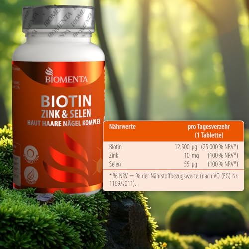 BIOMENTA Biotin + Zink + Selen - Haut + Haare + Nägel Komplex - 12.500 mcg Vitamin B7 / Stck. - 370 Biotin Tabletten hochdosiert + vegan - Premiumqualität