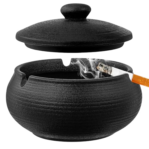 Zeawavsl Cendrier Extérieur Résistant, Coupe-Vent et Anti-Odeurs, Cendrier Coupe-Vent avec Couvercle en Céramique Noire, Idéal pour les Balcons et les...