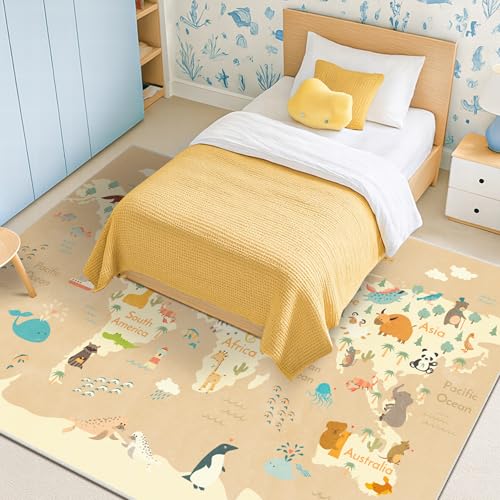 Image of Hazo Haus Washable Kids Rug for Playroom - 5x7 Toddlers Room Play Rug, Educational World Map Area Rug with Cute Animals - Non-Slip, Stain Resistant, Soft & Safe, Nursery, Kids Room, Bedroom - Beige