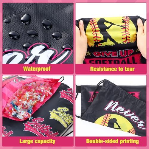 Image of Honoson 16 Pcs Pink Softball Drawstring Backpack Softball Goodie Bags Baseball Gift Bags Drawstring Backpack Baseball Party Favors Snack for Sports Team Birthday Party Supplies