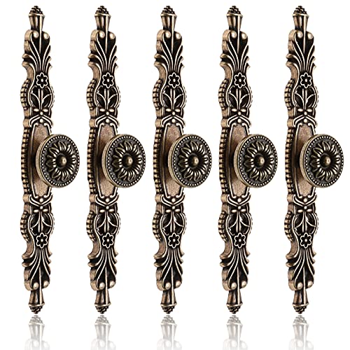 Bonsicoky 5Pcs Vintage Antique Floral Cabinet Handles, 3.8' Holes Space Bronze Dresser Handles for...