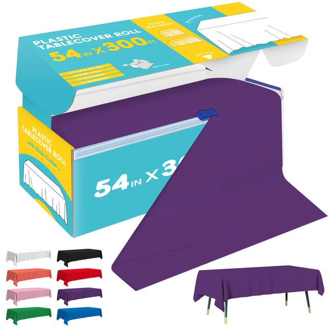 Image of Niuara Purple Plastic Table Cover Roll - 54IN x 300FT, Table Cloth for Rectangle Table with Slide Cutter, Plastic Table Cloth Disposable with Cut-to-Size Design for Weddings, Banquets, Parties
