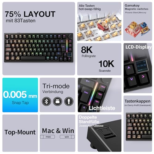GK GAMAKAY TK75HE V2 75% Rapid Trigger Kabelloses Gaming Tastatur QWERTZ (ISO-DE Layout) mit TFT Bildschirm, BT/2.4GHz/USB-C 8KHz 0,005mm RT, Hall Effekt Magnetschalter Tastatur (Magnetic Phoenix) – Bild 4