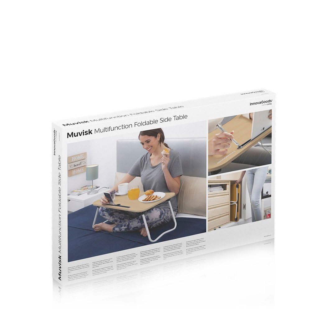InnovaGoods - Tavolo Pieghevole Multiuso Muvisk, Portatile per PC, Scrivania Regolabile, Supporto Tablet e Cellulare, Compatto e Leggero, Bianco, 60x27x40cm, Metallo