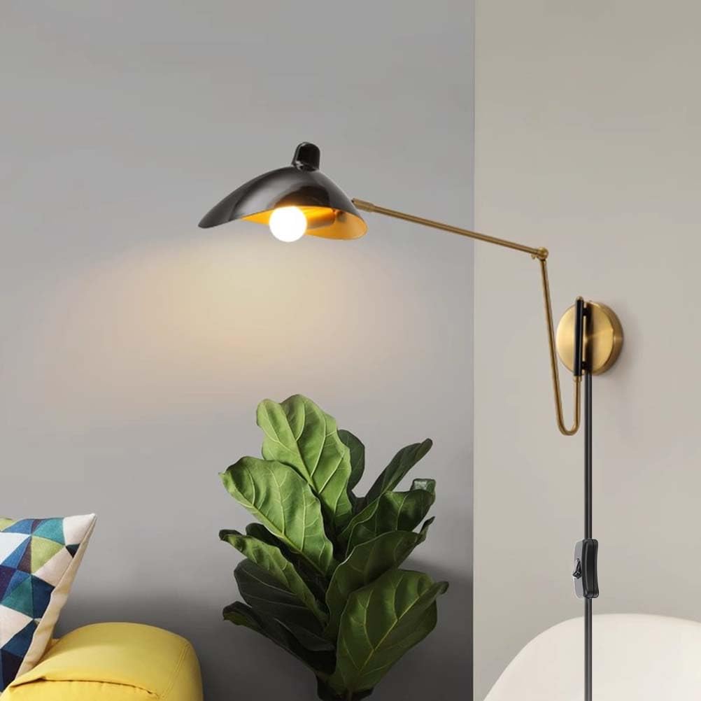 AoLa Schwenkarm Wandleuchte Verstellbar Lange Arm Nachttischlampe mit Schalter und Stecker 360° Drehbare Wandlampe E14 mit Kabel Vintage Metall Arm Leselicht für Schlafzimmer Wohnzimmer Büro,58CM