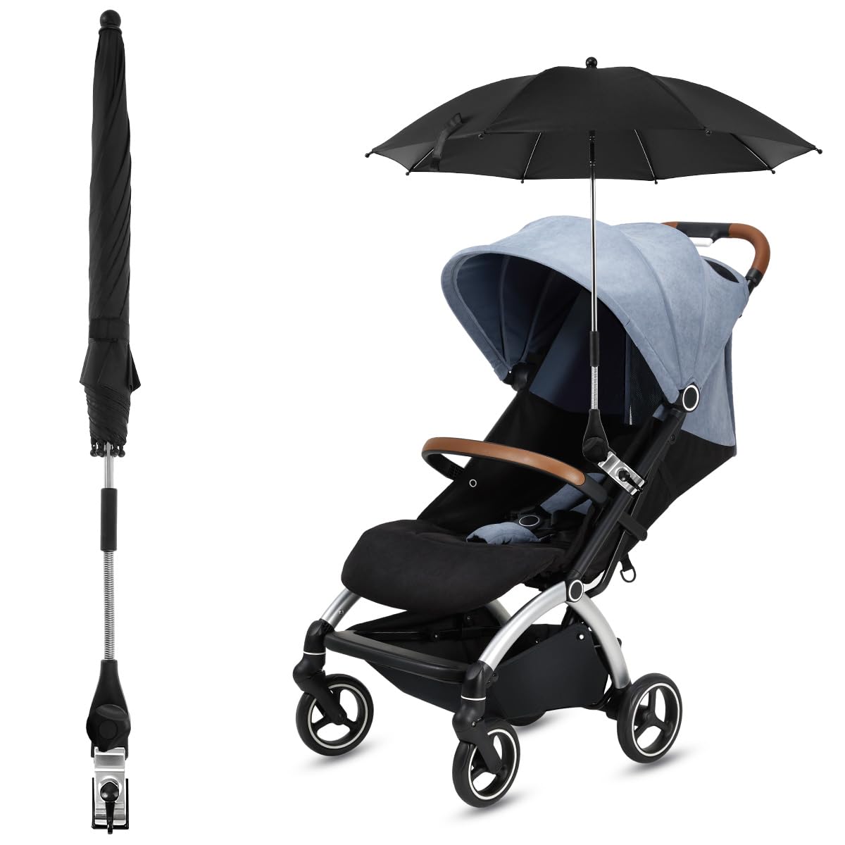 Beach Chair Umbrella with Clamp,360° Adjustable Baby Sun Parasol,UV Protection Sun Shade Portable Rainproof and Windproof Parasol for Outdoor Beach, Patio, Sports Wheelchair and Wagon (black*85cm)