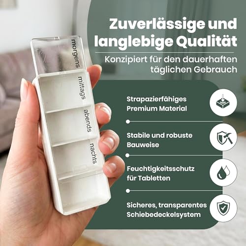 varivendo Tablettenbox Pillendose 4 Fächer – kompakte Medikamentenbox für 1 Tag, morgens mittags abends nachts, sicherer Klickverschluss