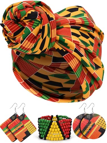 4 Pcs African Jewelry Sets Kente Cloth Scarf Black History Decorations Outfits Juneteenth Beaded Bracelet for Women