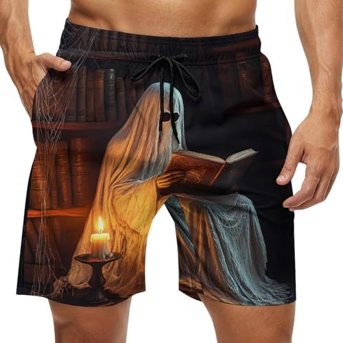 Halloween Ghost Reading Mens Swim Trunks Quick Dry Board Shorts Beach Swimwear Bathing Suits