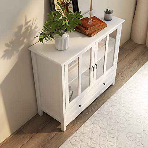 Rasoo Modern Buffet Cabinet White Double Glass Doors With Unique Bell Handles And Big Drawers Sideboard Cabinet Kitchen Cupboard Dining Room Hallway Entryway, 41.4" L X 15.5" W X 35.4" H (Large) #TOP4